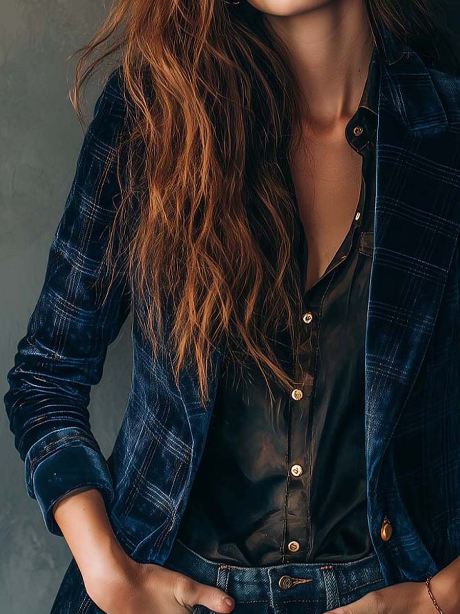 Vintage Navy Plaid Velvet Tailored Blazer