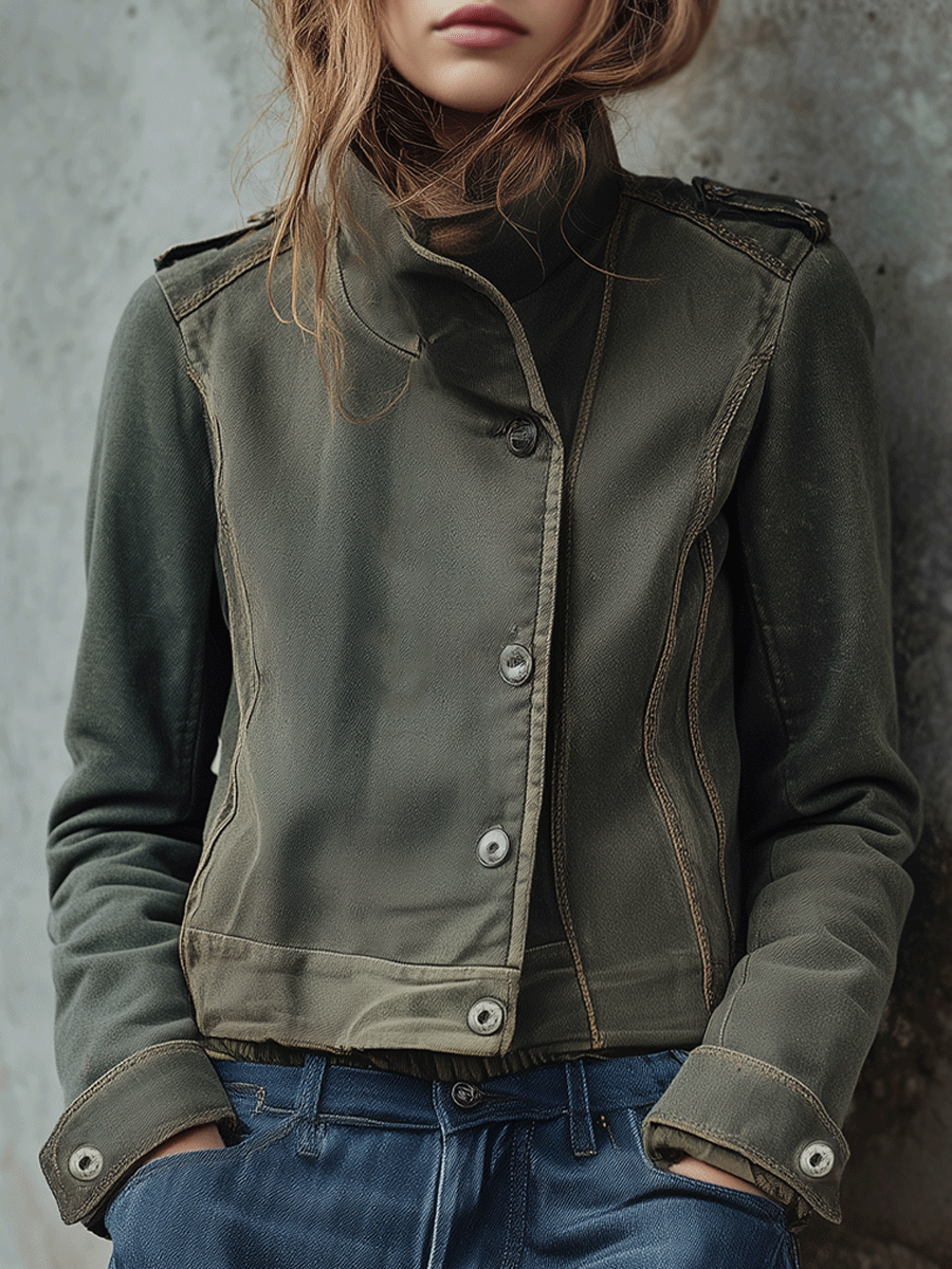 Casual Loose Olive Green Military Cropped Jacket