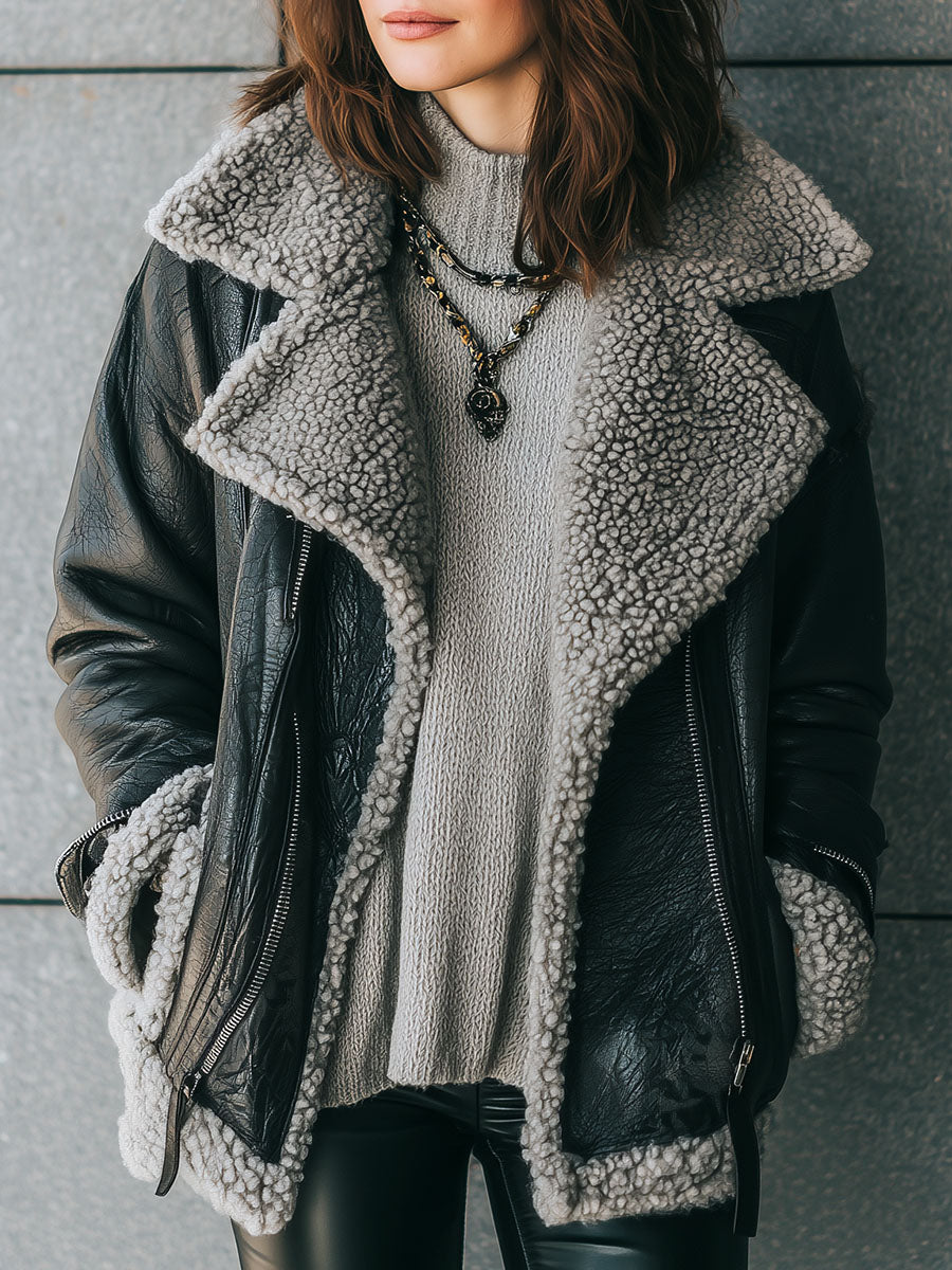 Classic Shearling Lined Eco Leather Biker Jacket