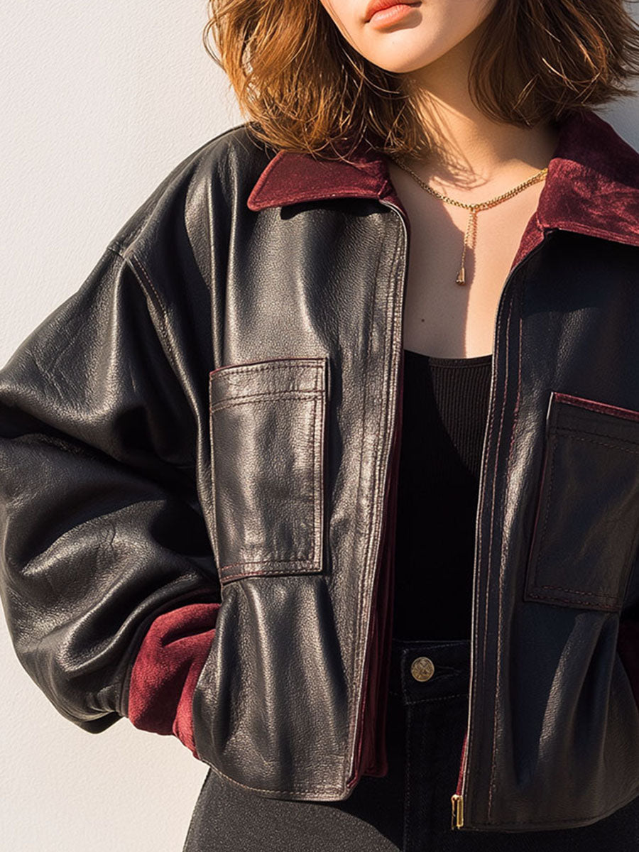Casual Black Eco Leather Bomber Jacket With Burgundy Velvet Collar & Cuff