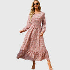 Antigoneara - Floral Print Wrap Maxi Dress with Long Sleeves