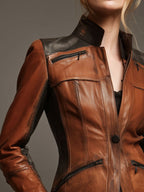 High Collar Brown And Black Leather Fitted Moto Jacket With Zipper Pockets