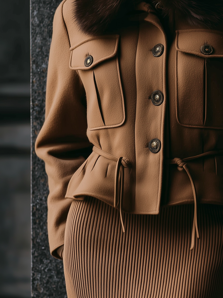 Vintage Military Style Wool Blend Fur Collar Jacket