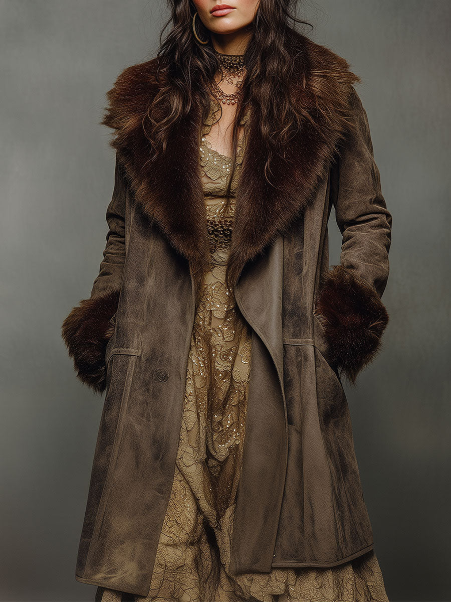 Vintage Suede Fur Collar Patchwork Mid-length Coat