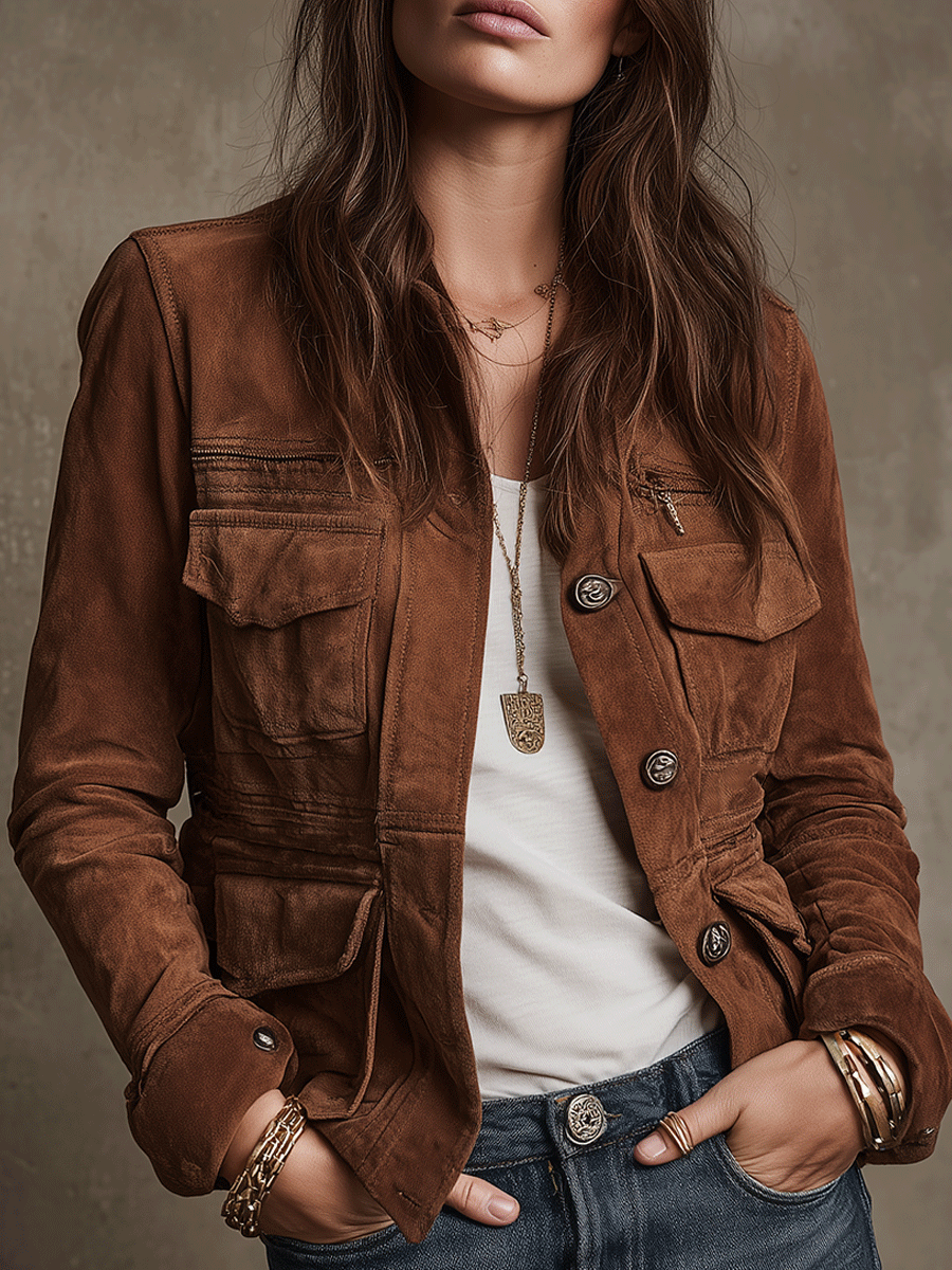 Vintage Brown Suede Utility Jacket