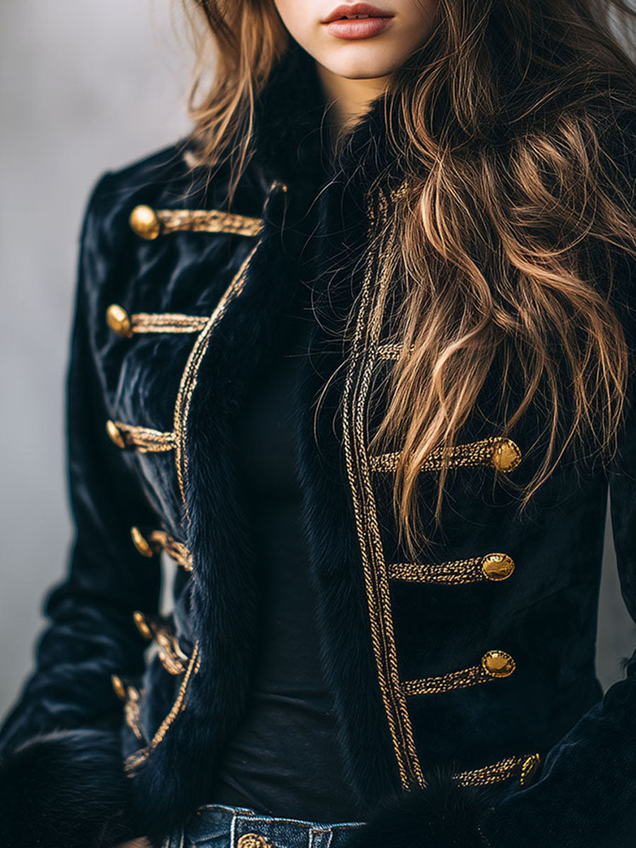 Vintage Navy Velvet Gold Button & Braid Jacket With Eco Fur Trim
