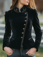 Vintage Stand-up Collar Irregular Metal Button Velvet Jacket