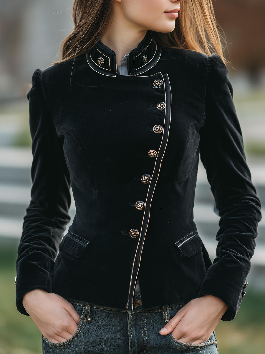 Vintage Stand-up Collar Irregular Metal Button Velvet Jacket