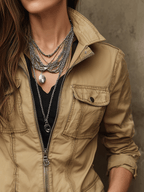 Casual Stand Collar Khaki Zip-Up Work Jacket