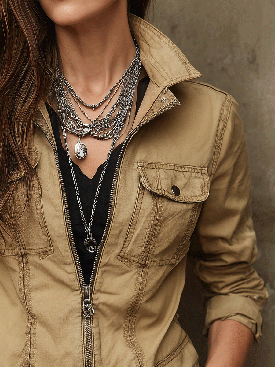 Casual Stand Collar Khaki Zip-Up Work Jacket