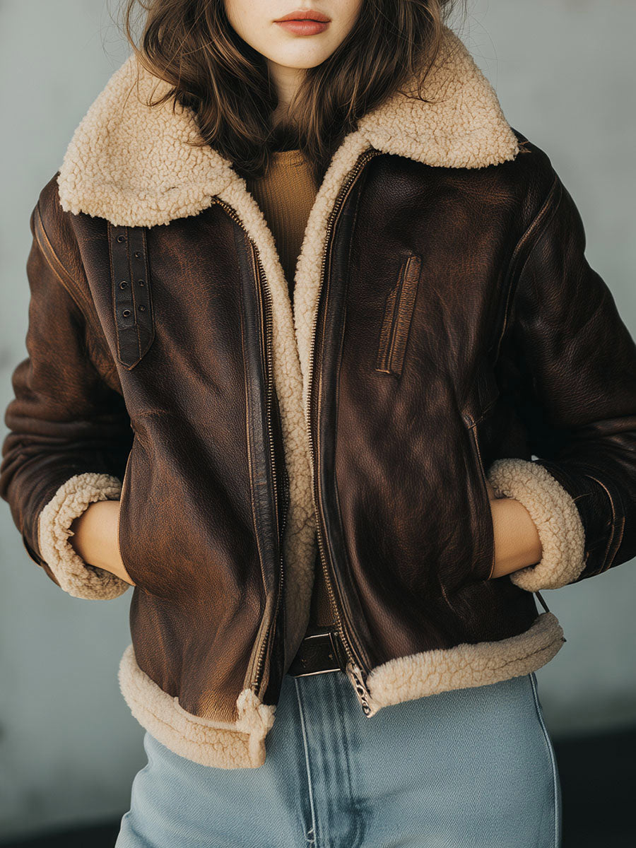 Vintage Shearling Dark Brown Eco Leather Aviator Bomber Jacket