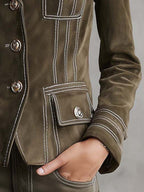 Olive Green Suede Tailored Jacket With Contrast Stitching