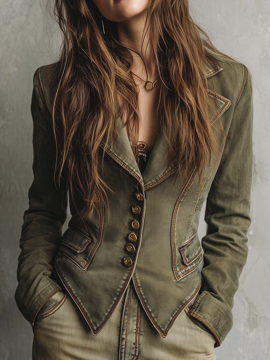 Vintage Olive Green Tailored Blazer With Statement Buttons