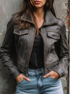 Vintage Eco Leather Moto Biker Cropped Jacket With Front Pockets