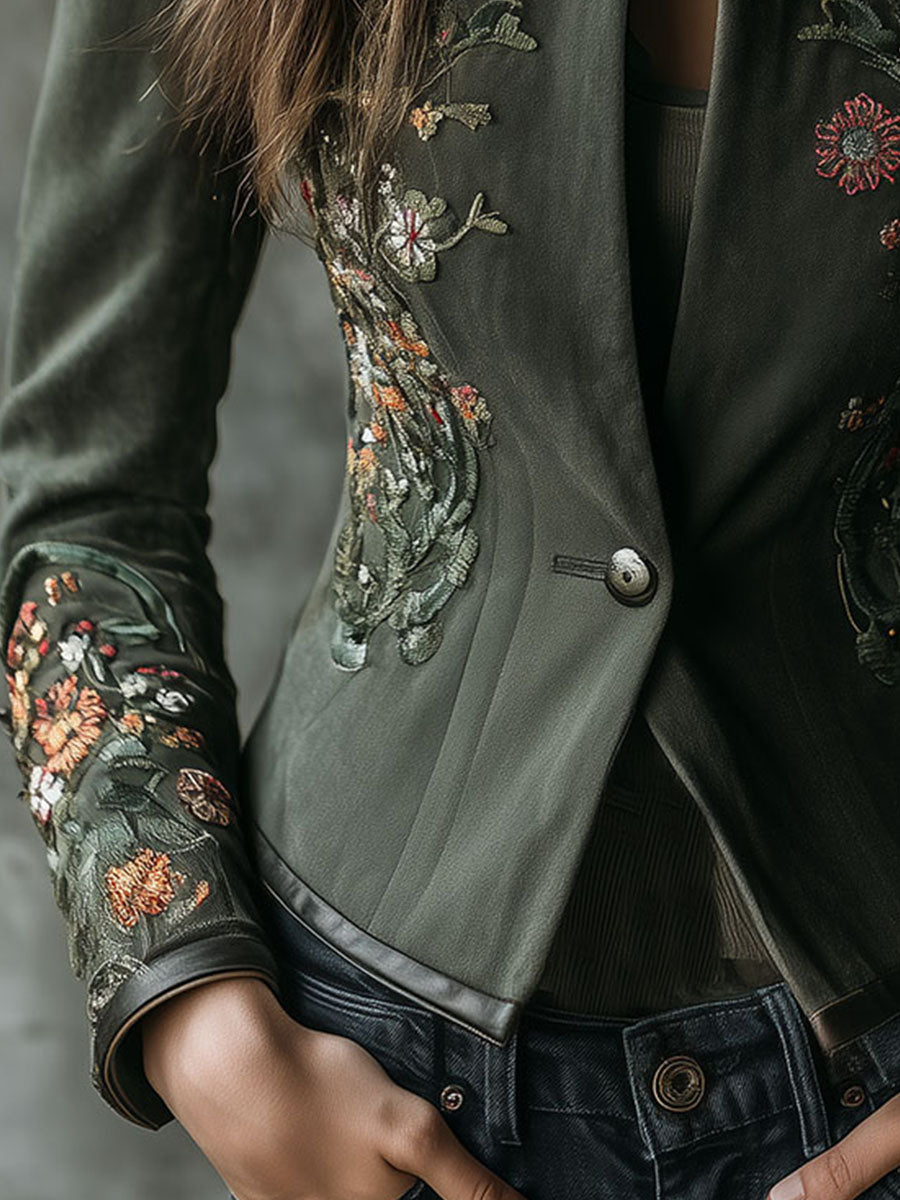 Vintage Mandarin Collar Tailored Embroidered Dark Green Jacket