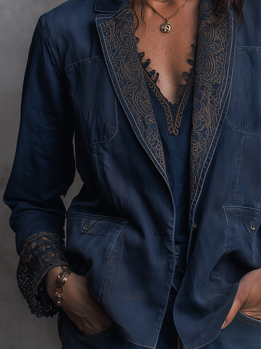 Casual Navy Blue Embroidered Bohemian Blazer
