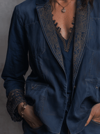 Casual Navy Blue Embroidered Bohemian Blazer