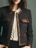 Classic Vintage Leather Trim Tweed Jacket