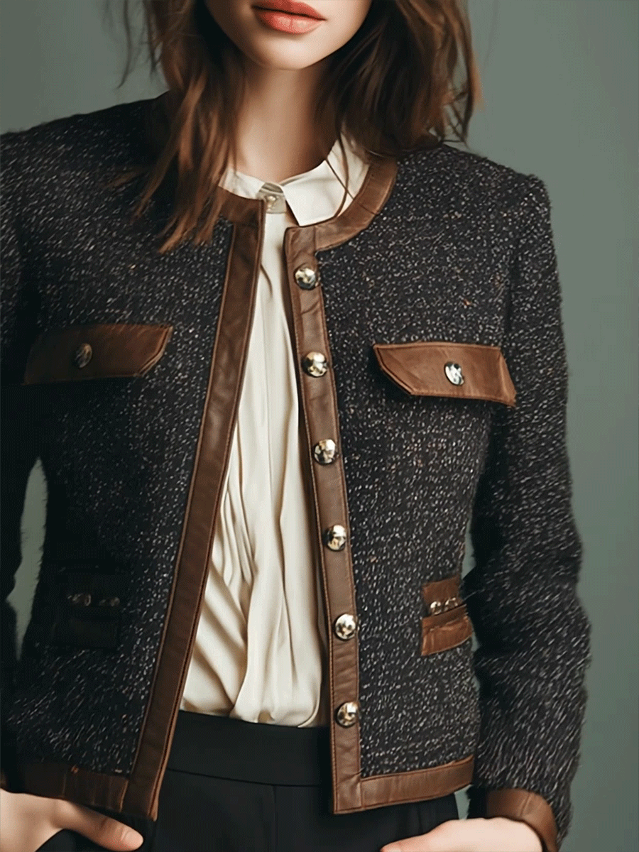 Classic Vintage Leather Trim Tweed Jacket