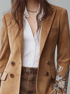 Embroidered Camel Suede Long Coat