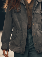 Casual Everyday Multi-Pocket Gray Denim Washed Work Jacket