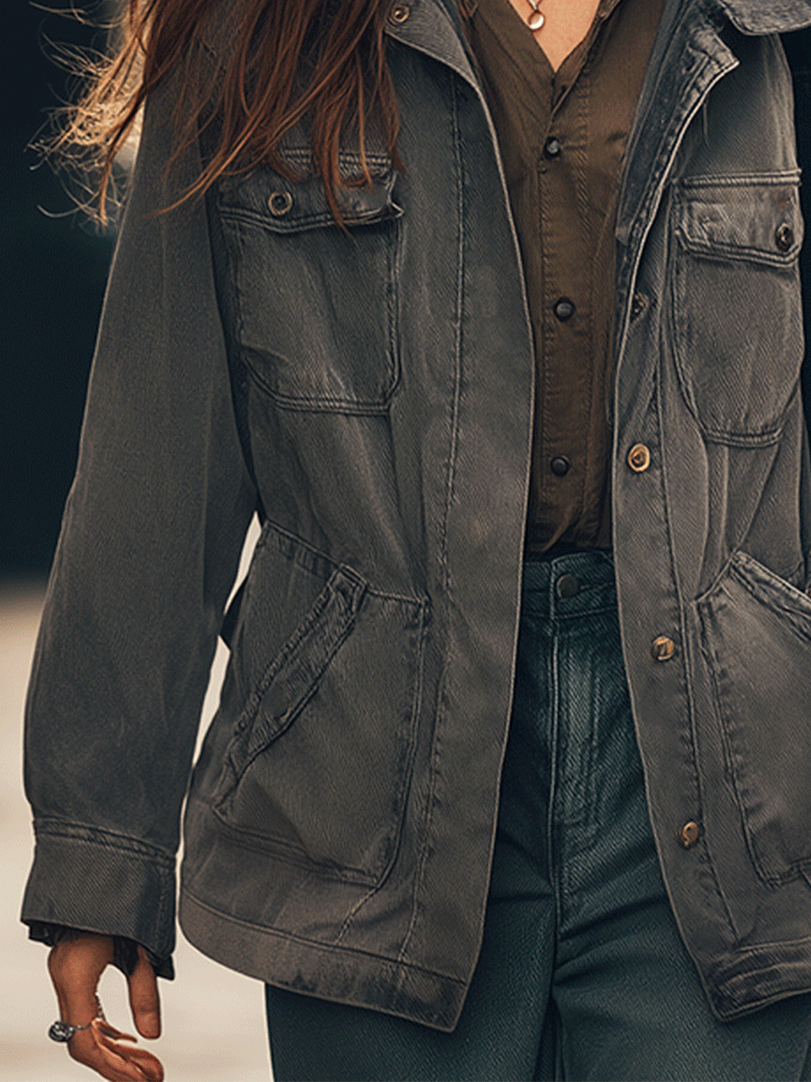 Casual Everyday Multi-Pocket Gray Denim Washed Work Jacket
