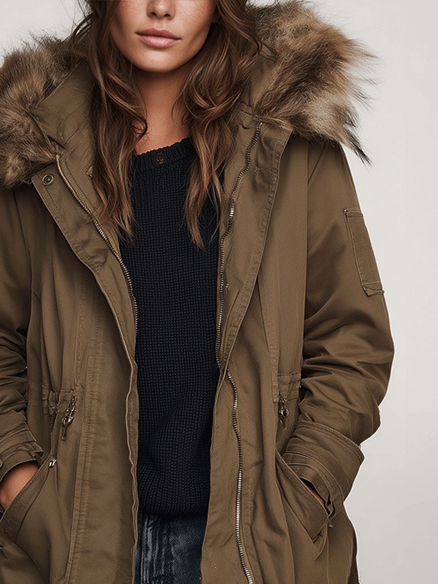 Vintage Khaki Faux Fur Trim Cotton Parka Jacket
