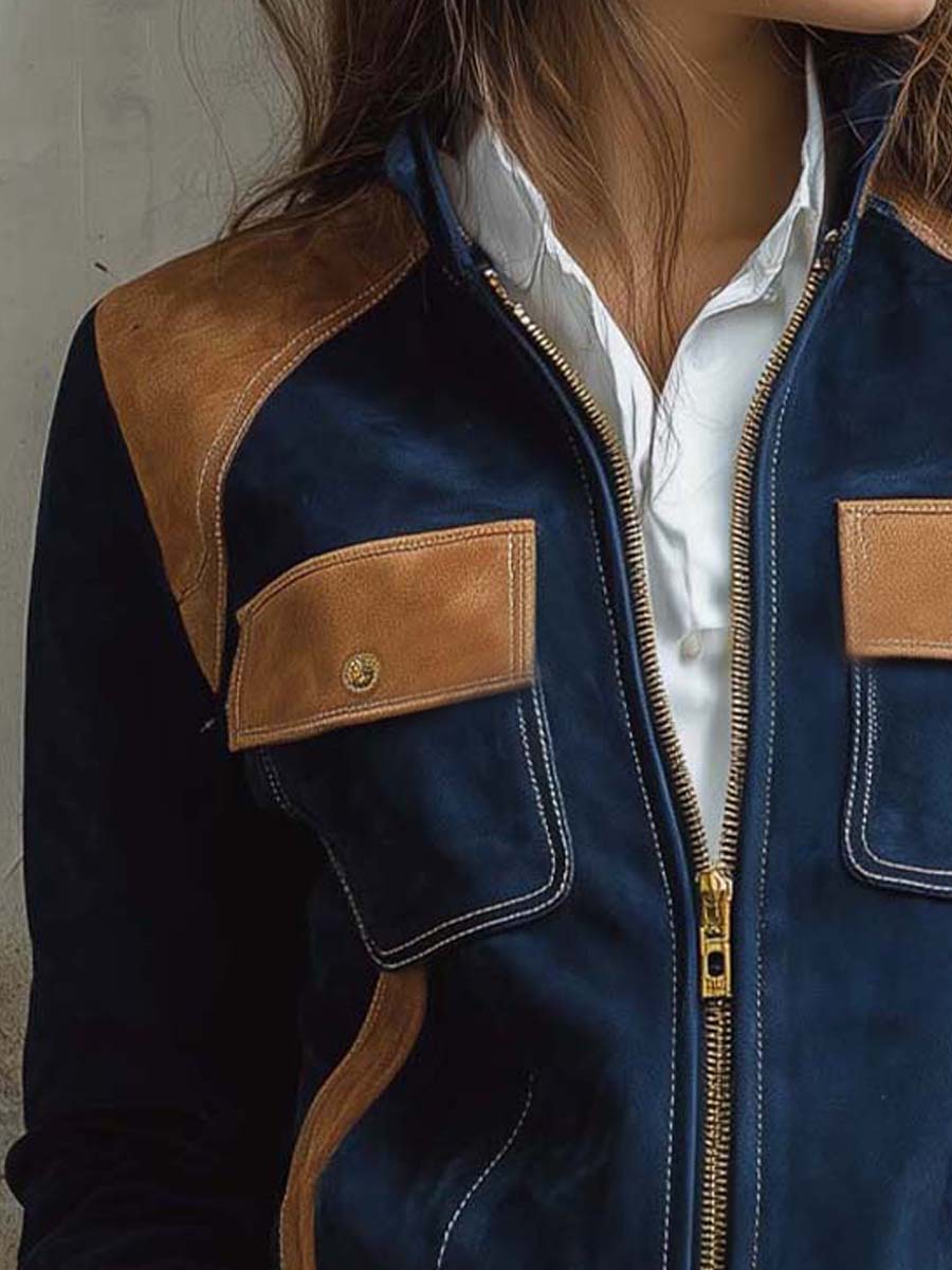 Vintage Navy Suede Contrast Utility Jacket