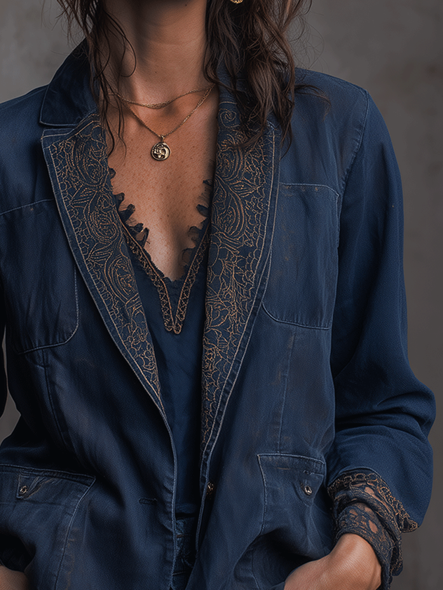 Casual Navy Blue Embroidered Bohemian Blazer
