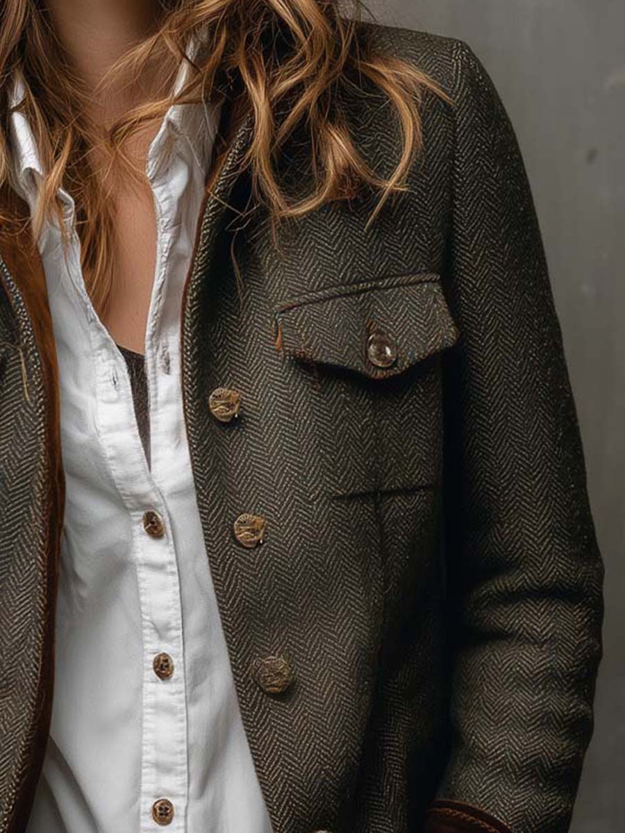 Vintage Herringbone Tweed Blazer With Velvet Trim