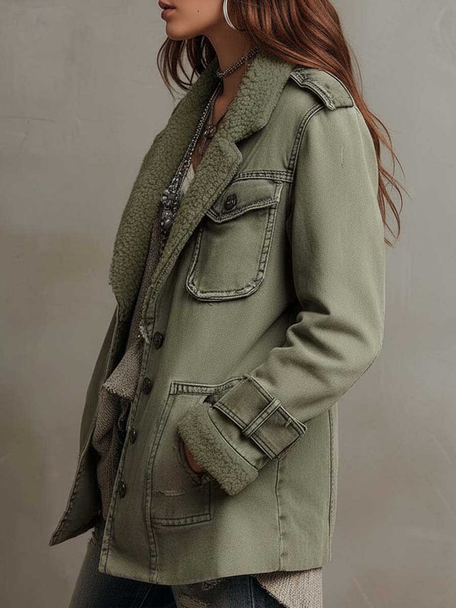 Vintage Olive Green Sherpa-Lined Utility Jacket