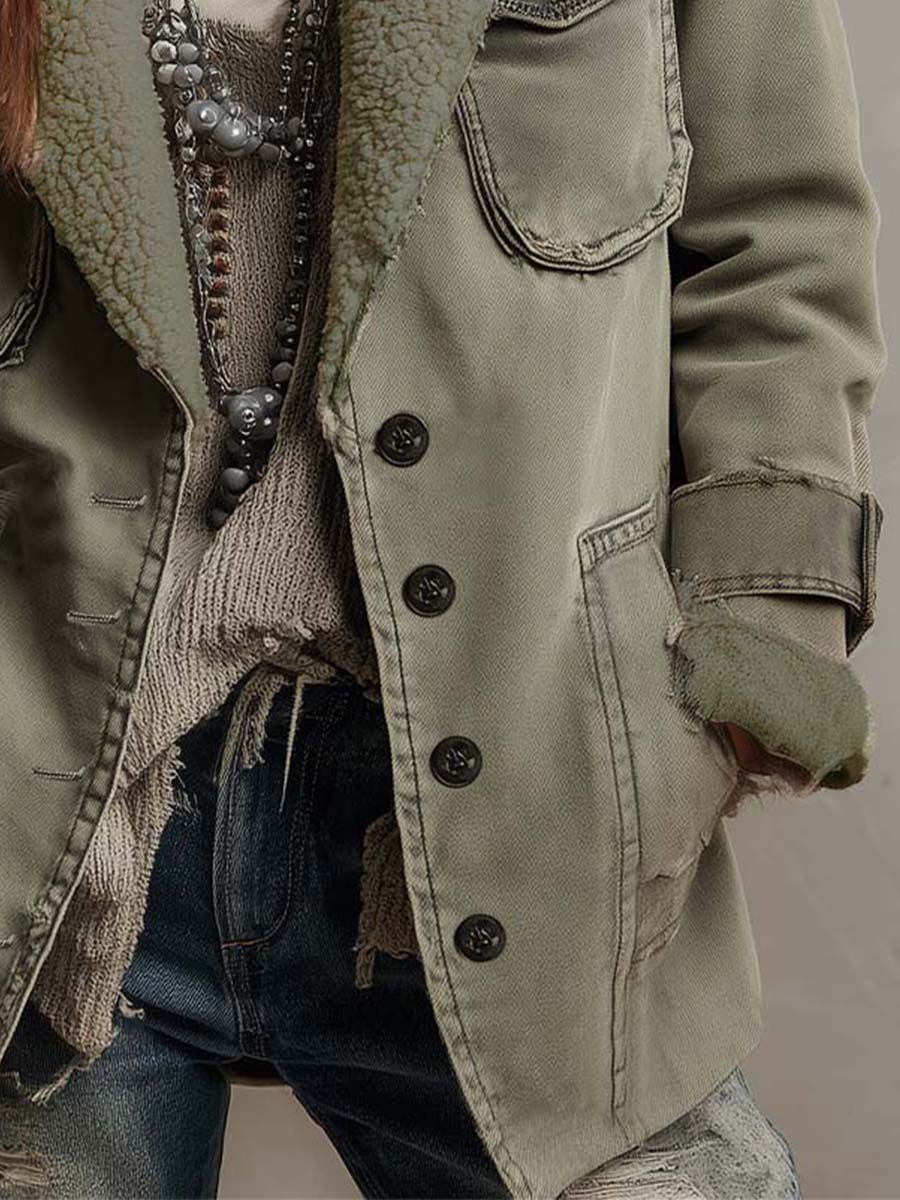 Vintage Olive Green Sherpa-Lined Utility Jacket