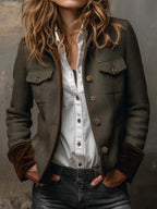 Vintage Herringbone Tweed Blazer With Velvet Trim