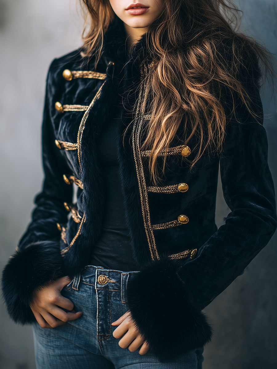 Vintage Navy Velvet Gold Button & Braid Jacket With Eco Fur Trim