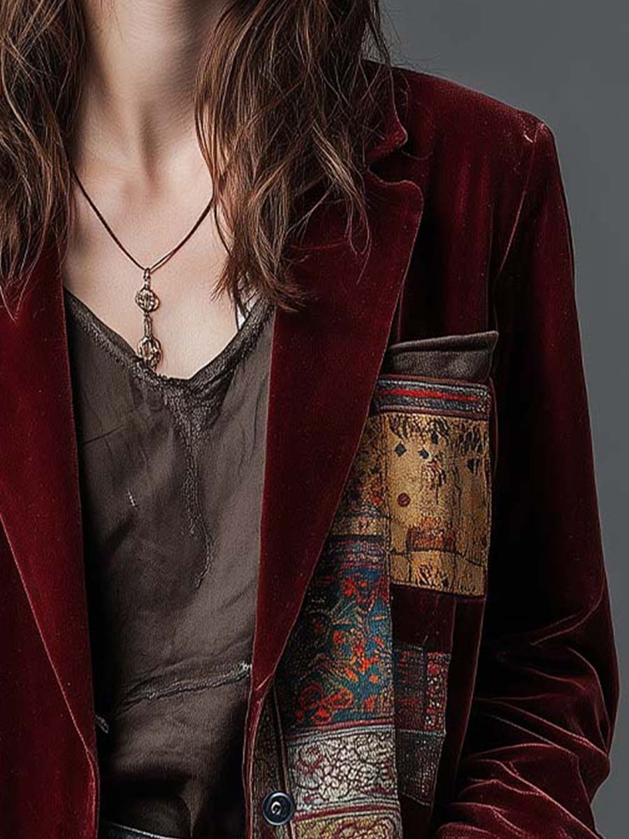 Vintage Patchwork Print Velvet Blazer