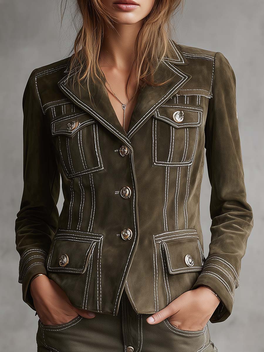 Olive Green Suede Tailored Jacket With Contrast Stitching