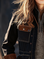 Retro Contrast Color Trim Multi-pocket Workwear Jacket