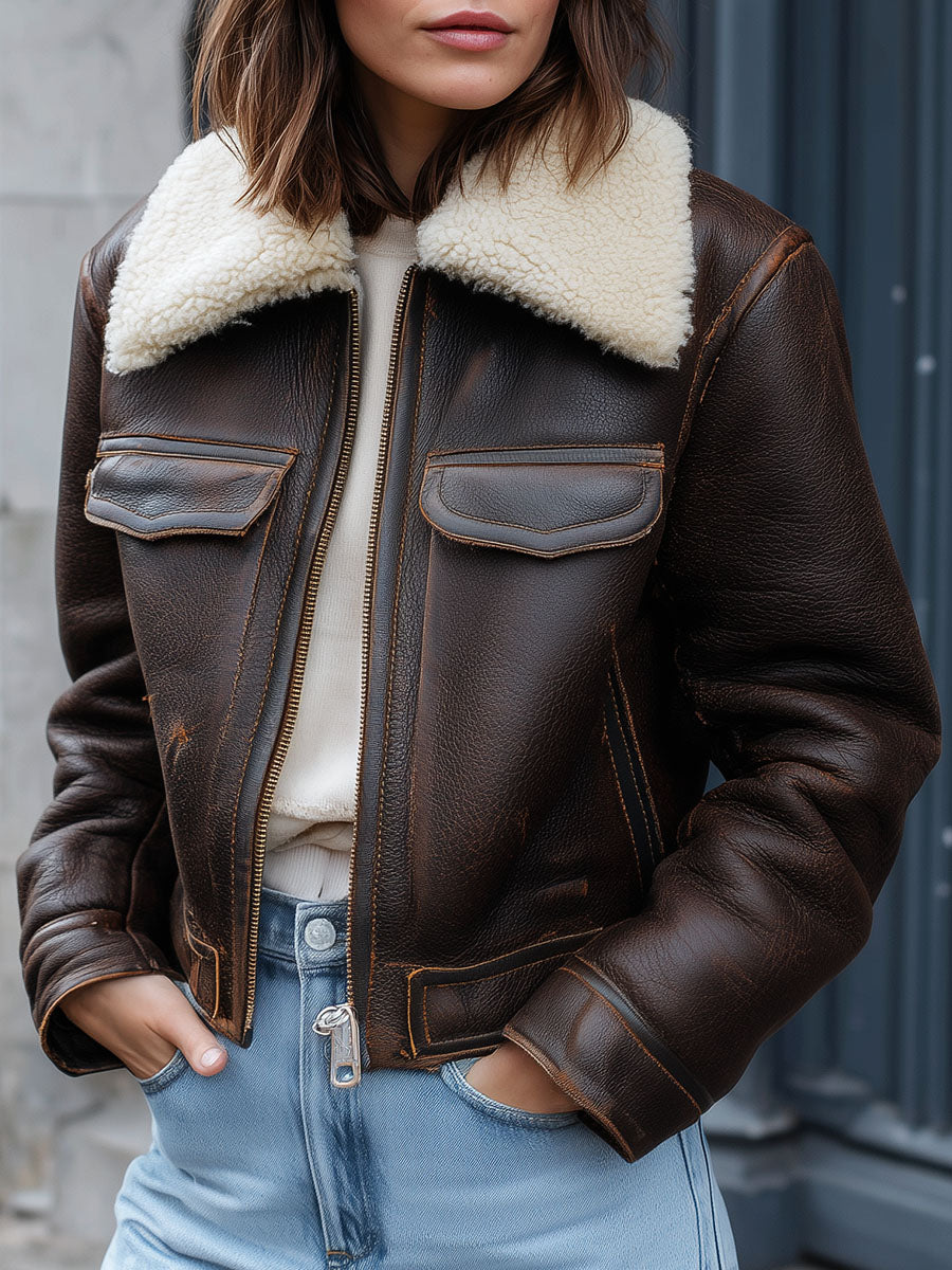 Brown Shearling Eco Leather Aviator Bomber Jacket With Warm Fleece Collar