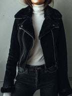Chic Black Eco Shearling Lining Microsuede Moto Jacket