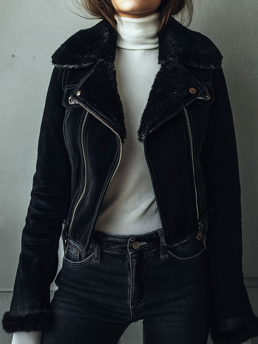 Chic Black Eco Shearling Lining Microsuede Moto Jacket