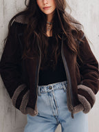 Chic Brown Microsuede Shearling Aviator Jacket With Fleece Lining