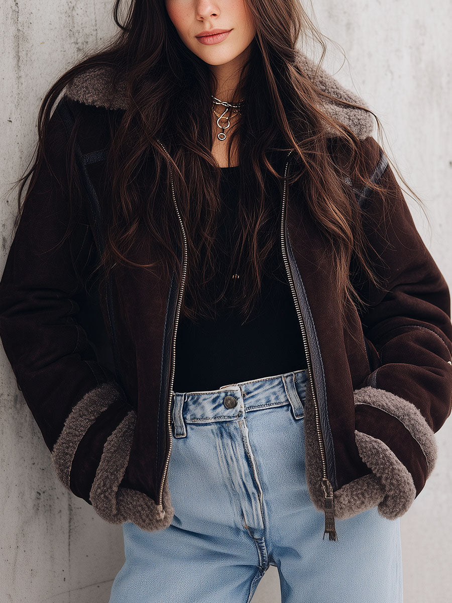 Chic Brown Microsuede Shearling Aviator Jacket With Fleece Lining