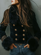 Retro Black Velvet Double-Breasted Tailored Jacket With Eco Fur Trim