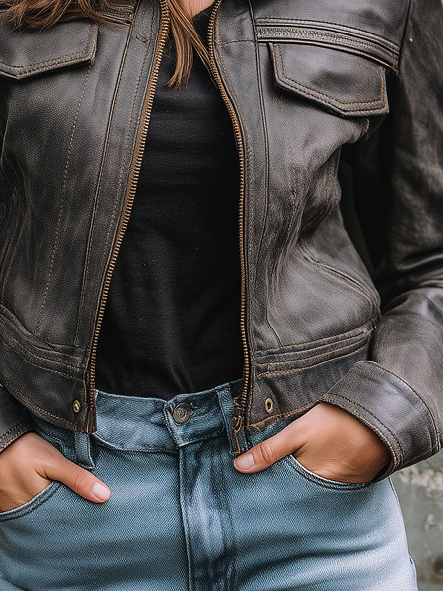 Vintage Eco Leather Moto Biker Cropped Jacket With Front Pockets
