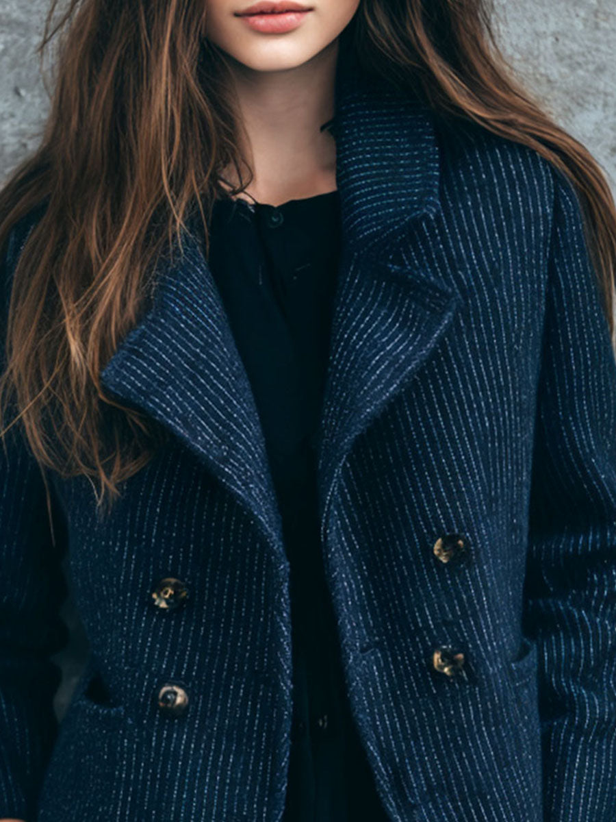 Classic Tailored Navy Blue Pinstripe Wool Double-Breasted Blazer