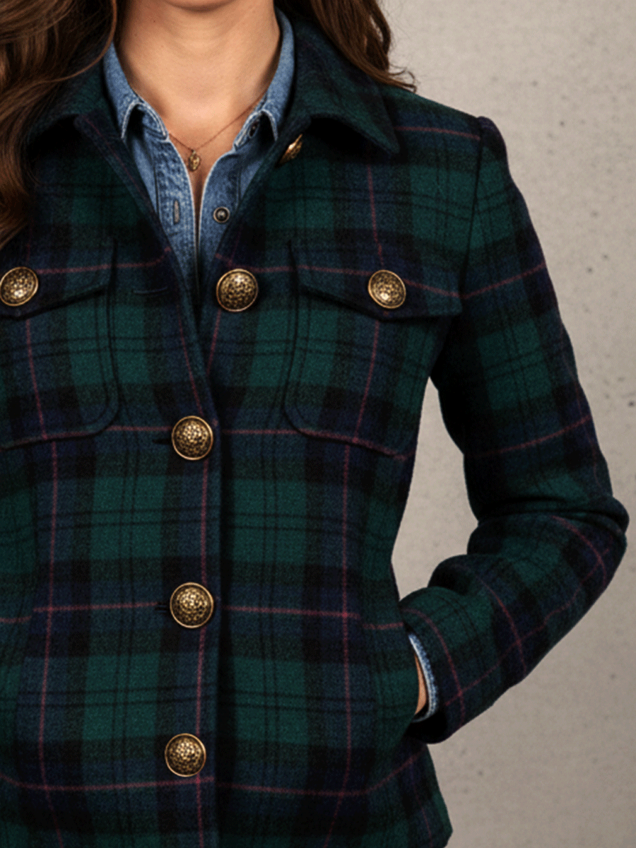 Vintage Green And Navy Plaid Button Detailing Jacket
