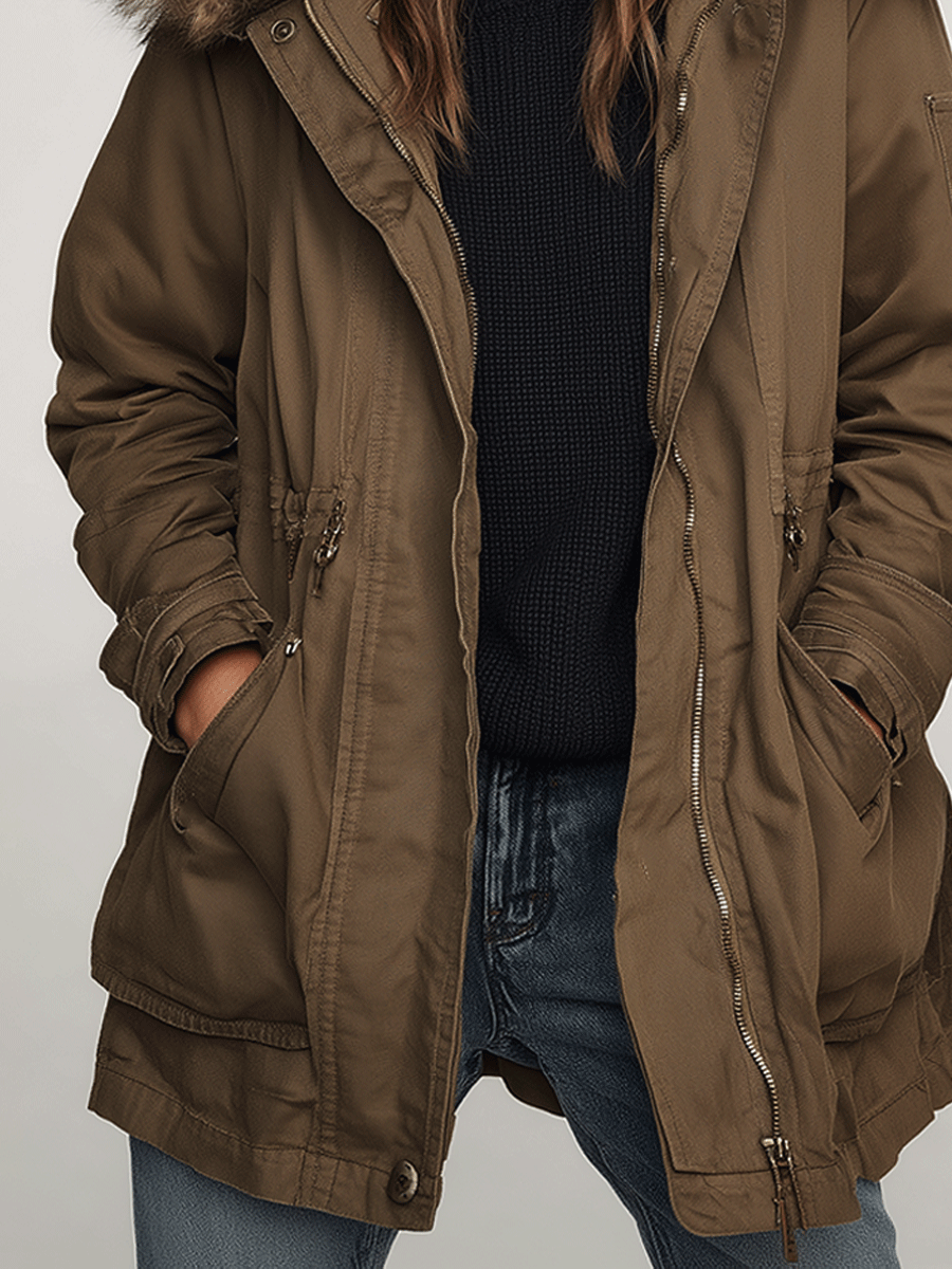 Vintage Khaki Faux Fur Trim Cotton Parka Jacket
