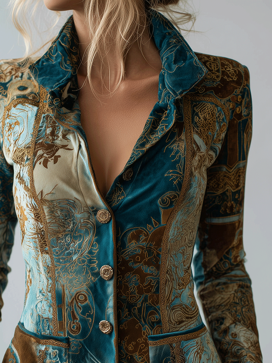 Vintage Baroque Velvet Teal And Gold Tapestry Print Jacket