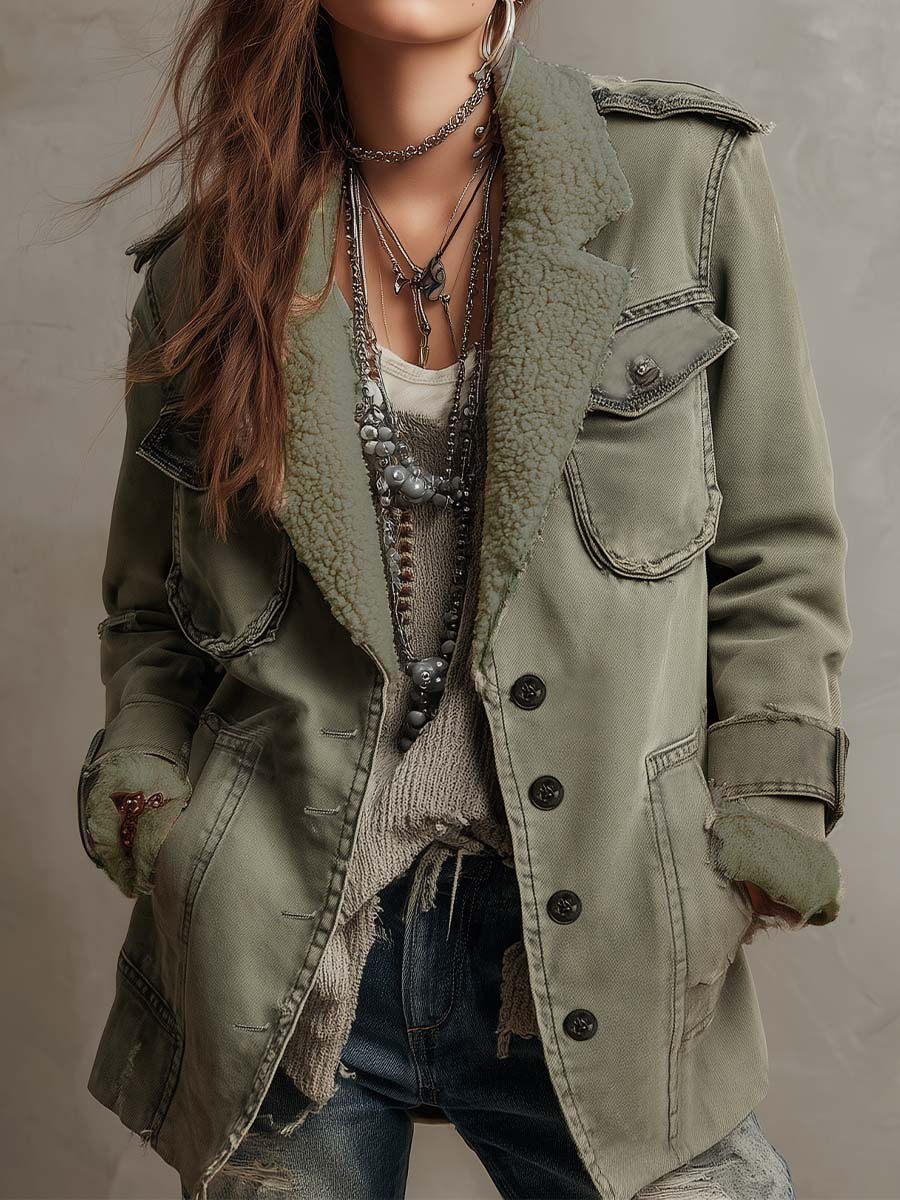 Vintage Olive Green Sherpa-Lined Utility Jacket