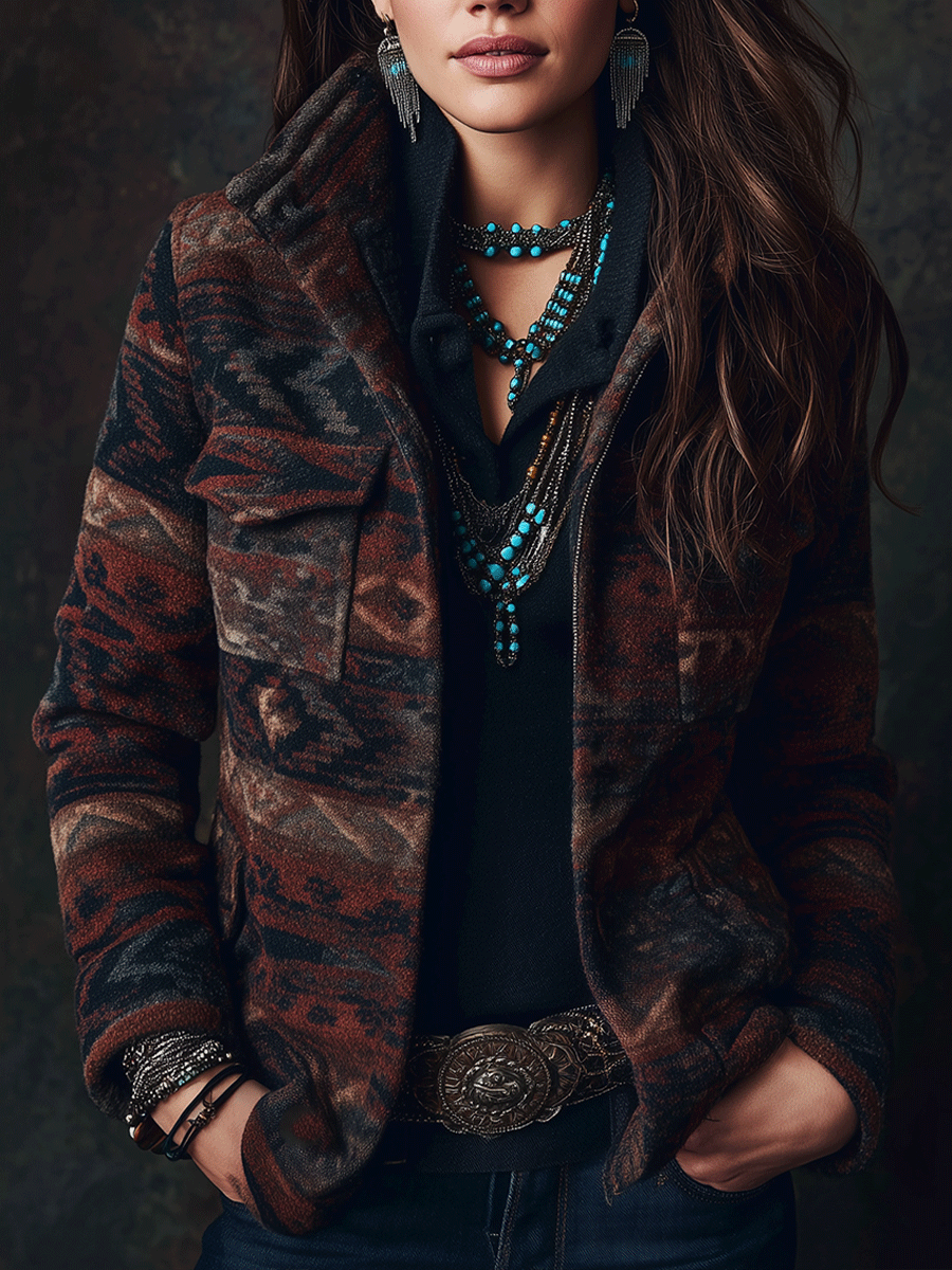 Retro Boho Geometric Print Cargo Wool Short Jacket